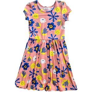 Dot Smile Girl 8 10 Peach Flower Blue Yellow Cap Sleeve Twirl Dress Soft NWT